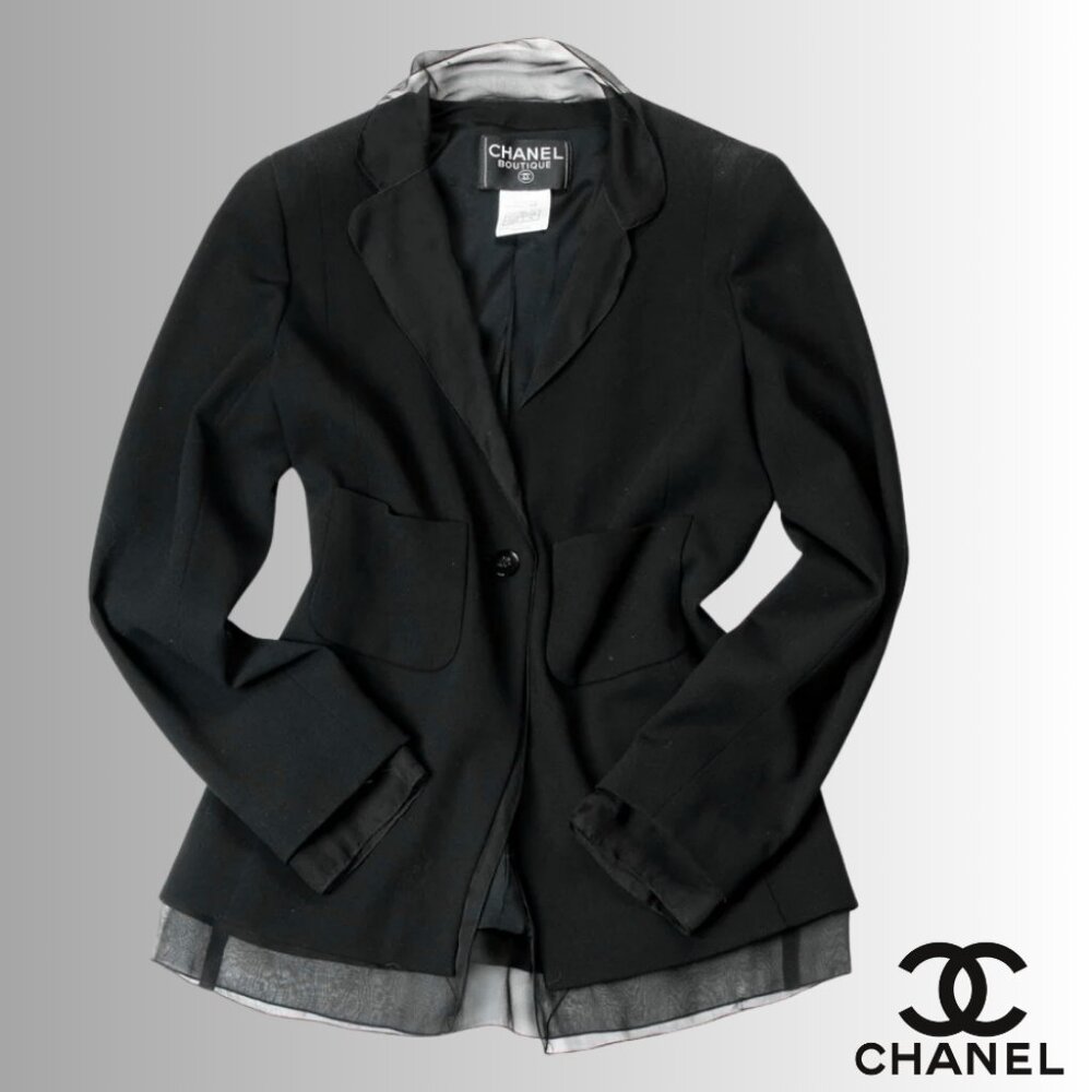 CHANEL jacket size 48, 14 - 16 US, black lightweight wool & sheer silk accents